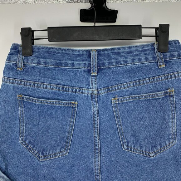 Shein Denim Shorts Blue Roll Up Embroidered Aztec Tribal - Picture 6 of 9